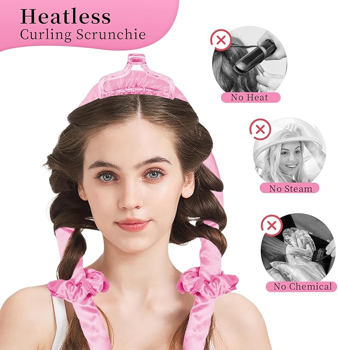 Heatless Hair Curler and Curling Scrunchie Set, Heatless Curls Overnight, Heatless Curling Rod With Spray Bottle, Overnight Blowout Rods, No Smell, No Heat Wave Curlers for All Hair Types (Pink)