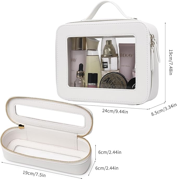 Travel Makeup Bag with Brush Case Portable Transparent Cosmetic Bag and Toiletry Bag Waterproof Makeup Organizer with Zipper Car Essential for Women (White, L+Slim)