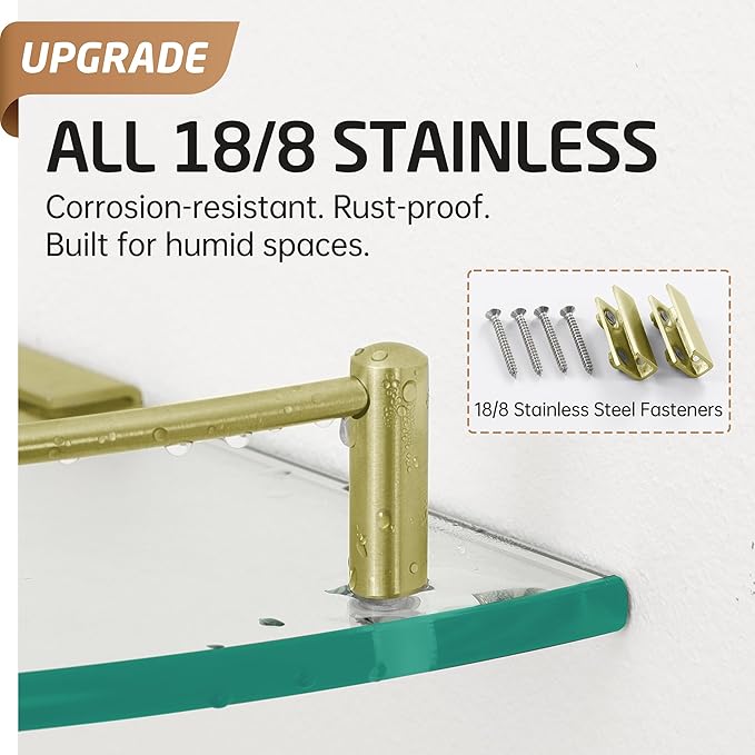 KES Glass Corner Shelf with Hooks 18/8 Stainless Steel, Tempered Glass Bathroom Corner Shelf with Rail, Shower Glass Shelf 2 Pack Wall Mounted, Brushed Gold, BGS2101A-BZ-P2