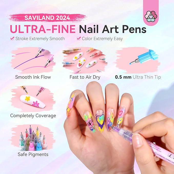 SAVILAND Nail Art Pens Set: 12 Colors 0.5MM 3D Nail Polish Pens Quick Drying Acrylic Paint Nail Art Markers Nail Point Graffiti Dotting Tools Drawing Painting Liner Nail Art Design Pens Home DIY