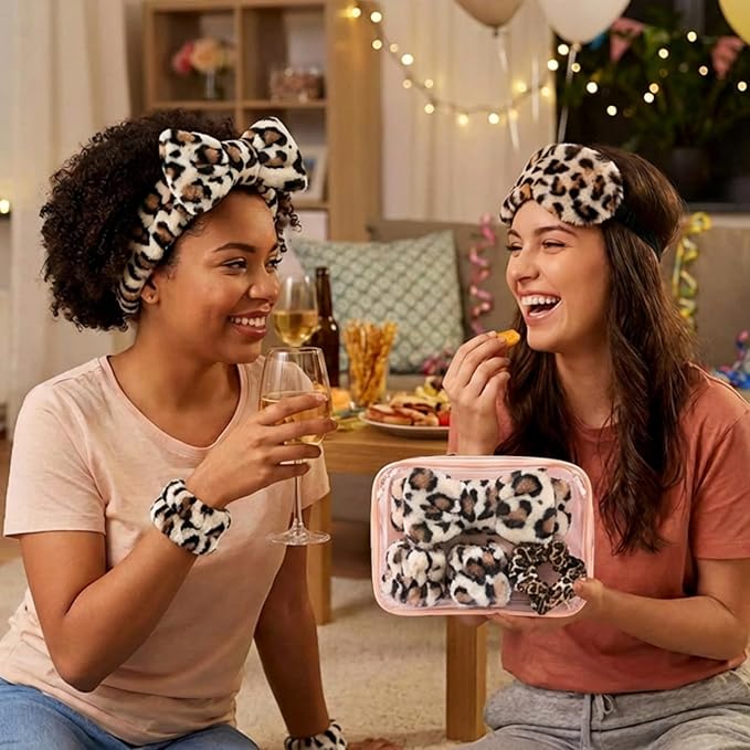 Hoteam 10 Pcs Galentine Spa Party Supplies Valentine Gift Set Sleepover Party Favor Spa Headband Wristband Sleep Eye Mask Velvet Scrunchies for Skin Care Makeup Slumber Night Favor(Leopard Print)