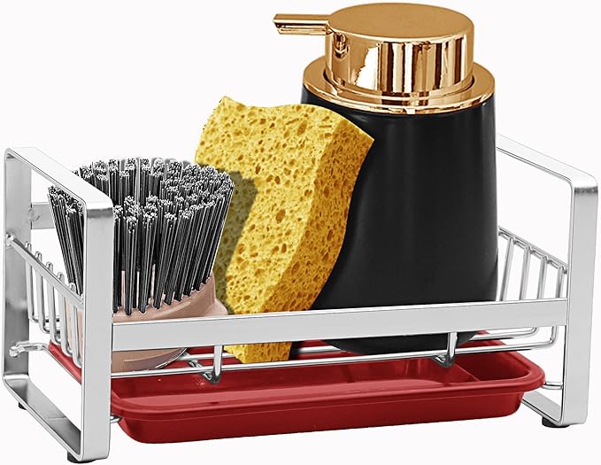 2 Pack Kitchen Sponge Holder - Kitchen Sink Organizer - Sink Caddy - Sink Tray - Soap Holder - Stainless Steel,Silver+Red 2PCS