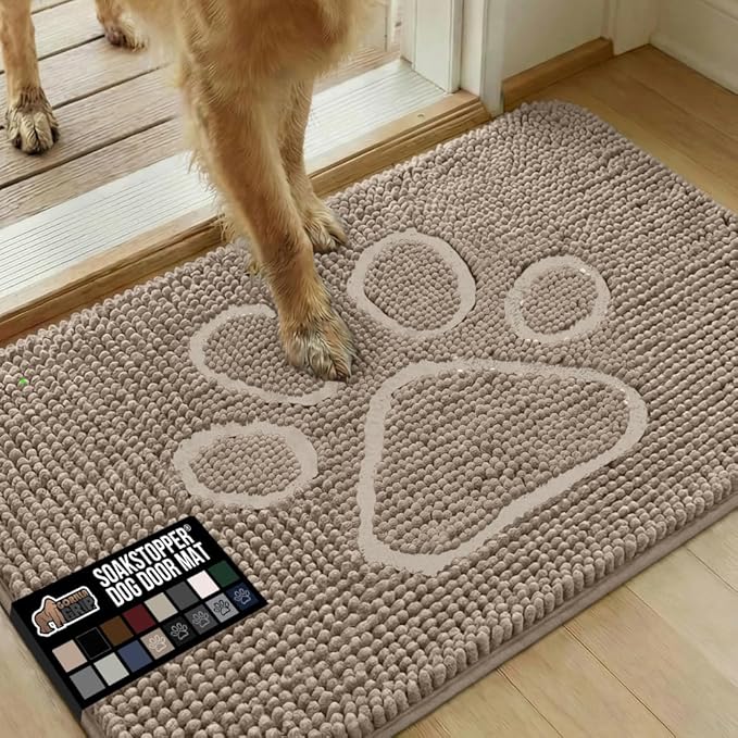 GORILLA GRIP SoakSTOPPER Dog Door Mat, 36x24 Machine Washable Rug Absorbent Doormat Captures Moisture Mud Dirt, Quick Dry Soft Chenille Entryway Rugs Indoor Entrance Mats for Dog Paws, Beige Ivory
