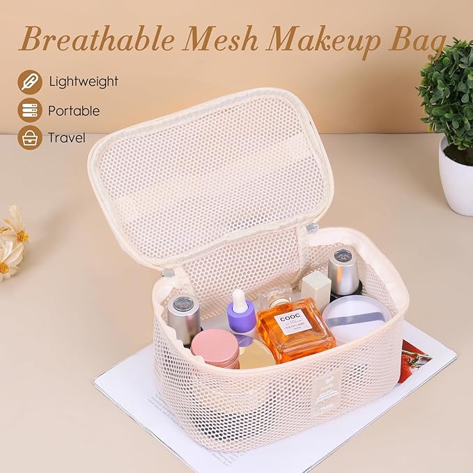 Mesh Makeup Bag, Breathable Cosmetic Bags with Zipper, Travel Lightweight Make Up Organizer Mesh, Toiletry Bag with Handle for Women Girls Gift, White