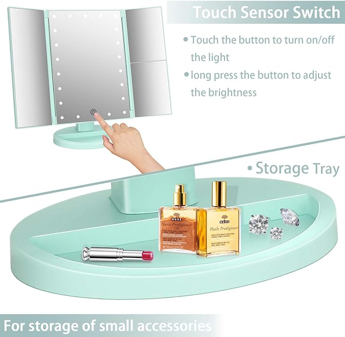 Flymiro Tri-fold Lighted Vanity Makeup Mirror with 3x/2x Magnification,21 LEDs Light and Touch Screen,180 Degree Free Rotation Countertop Cosmetic Mirror,Travel (Green)