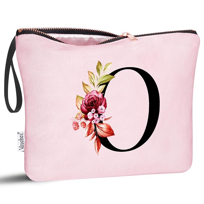Vavabox A-Z Personalized Makeup Bag, Birthday Gifts for Women Mom, Gifts for Best Friend, Bride Bridesmaid Cosmetic bag (O, Pink)