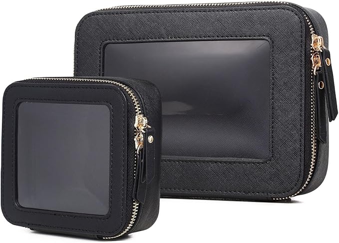 Clear Makeup Bag Set Portable Travel Cosmetic Bag and Toiletry Bag Women's Purse Pouch Cosmetic Stroage Organizer Bag with Zipper Car Essentials (Black, M+Mini)