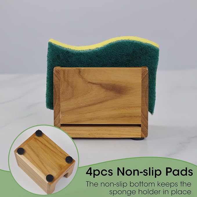HTB Sponge Holder for Kitchen Sink,Teak Wood Dish Sponge Caddy Rack Tray Stand with Drain,Kitchen Sink Storage Organizer Countertop