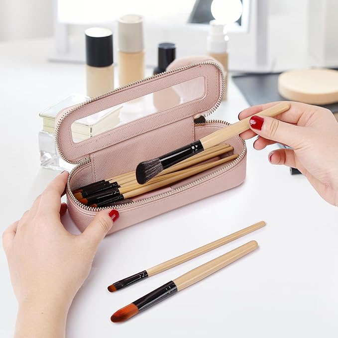 Makeup Brush Case Slim Clear Makeup Bag Travel Cosmetic Case and Waterproof Toiletry Makeup Bag with Zipper Purse Organizer for Women (Pink, Slim)