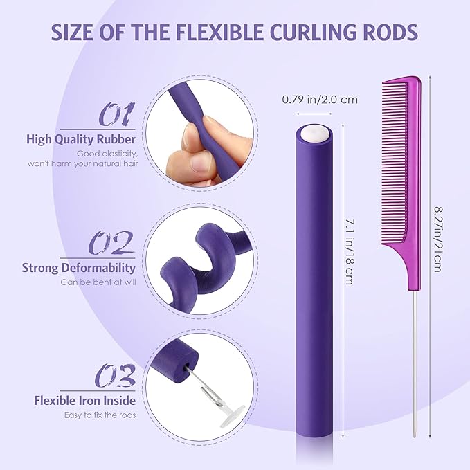 Syhood 30 Pieces Flexible Curling Rods Twist Hair Rollers Soft Foam Rods No Heat and 1 Pcs Steel Rat Tail Comb for Women Long and Short Hair (7 x 0.8 Inch,Purple)