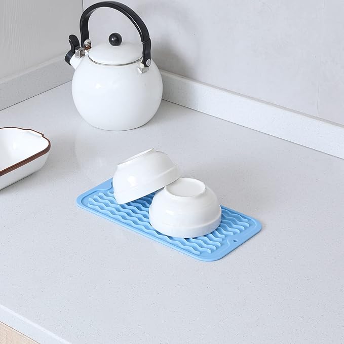 Silicone Dish Drying Mat for Multiple Usage,Easy clean,Eco-friendly,Heat-resistant Silicone Mat for Kitchen Counter or Sink,Refrigerator or Drawer Liner Light Blue S 12 inches x 6 inches