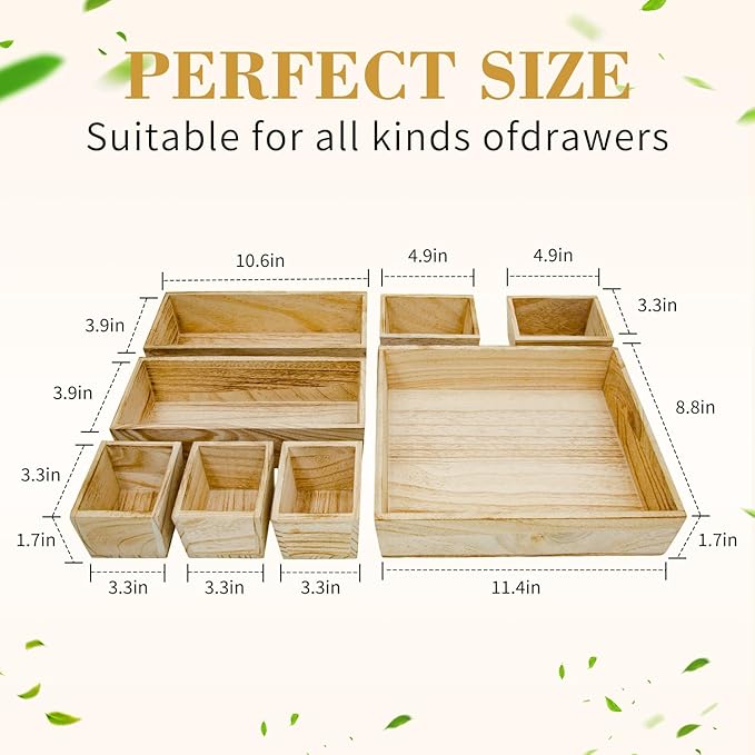 Rustic 8 Piece Wood Desk Drawer Organizer Tray, Nightstand Organizer, 4 Size Wooden Drawer Divider Organizer Set For Office Vanity Makeup Jewelry Bedroom Clothes Storage(Natural)