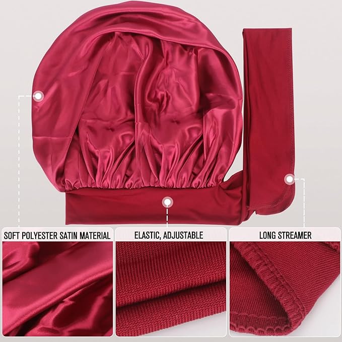 Arqumi Pack of 2 Satin Sleeping Bonnet, Large Sleep Cap with Long Strap, Reduce-Friction Prevent-Frizz Curly Hair, Adjustable Hair Bonnet for Women & Men, Purple+Red