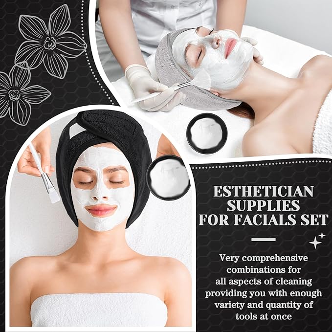 LemonRoad 25 Pcs Esthetician Facial Supplies Set, 3 Stainless Steel Mixing Bowls, 2 Serving Trays, 6 Brushes, 2 Hairbands, 12 Compressed Sponges for Women Facial Mask Spa Home Use(Black)