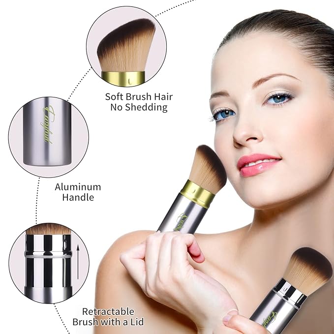Easyhut Retractable Kabuki Makeup Brushes 2 Pcs Blush Brushes Set Portable Powder Brushes with Flat and Angled Top for Liquid Cream Cosmetics Travel, large/1.18inch(Silver Green)