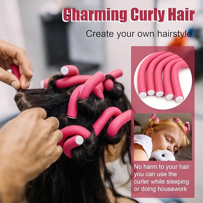 AIDUCHO 30 Pcs Heatless Hair Curlers 7 x 0.39 Inch Flexible Curling Rods Soft Foam Rollers No Heat Bendable Hair Rods Roller for Women Short Medium Long Hair, Pink