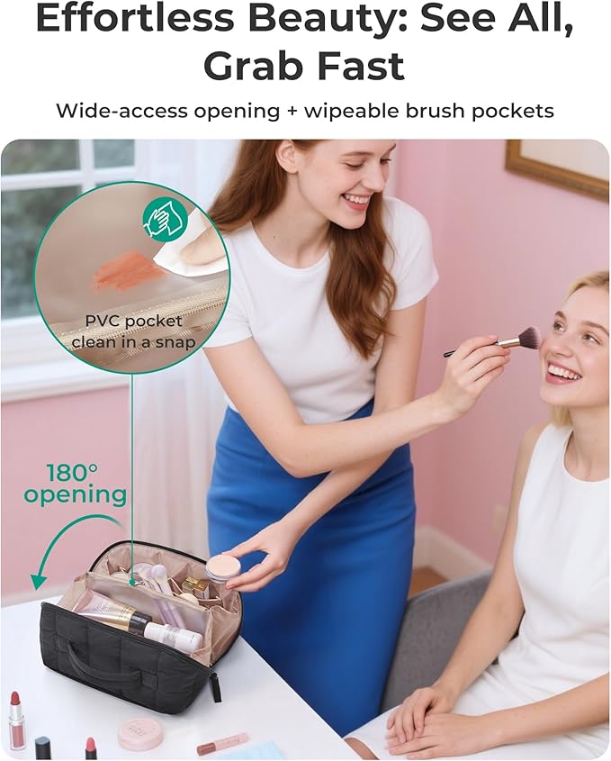 BAGSMART Travel Makeup Bag for Women, Portable Water-resistant Cosmetic Case, Puffy Padded Make Up Organizer Pouch, Open Flat Toiletry Bag for Toiletries, Brushes, Checkred Khaki