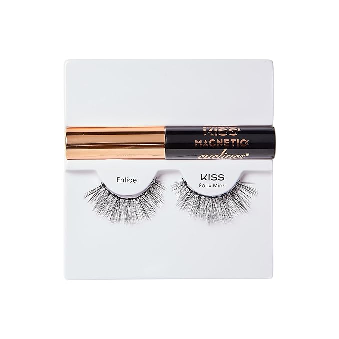 KISS Magnetic False Eyelashes and Eyeliner, ‘Entice’, 12mm, Easy to Apply, Reusable, No Glue, Flexiband Technology, Precision Felt Tip, Fortified Formula, 1 Pair Strip Lashes (Pack of 2)