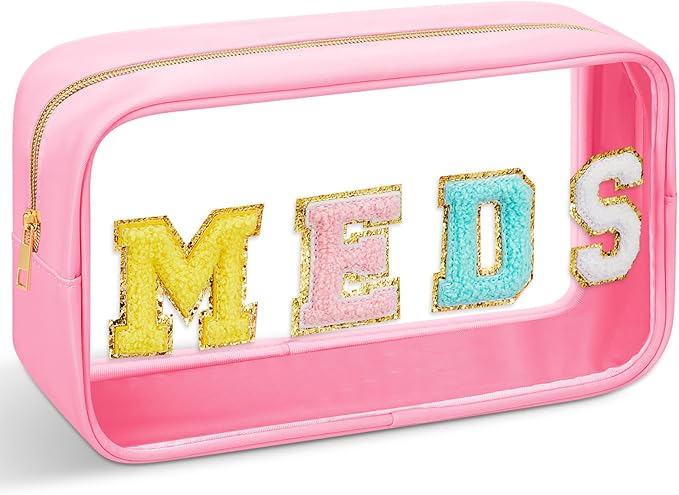 Geetery Medicine Bag Chenille Patch Meds Bags Portable Makeup Cases Preppy Patch with Zipper Cosmetic Travel Toiletry Storage for Women(Pink,Delicate Meds)