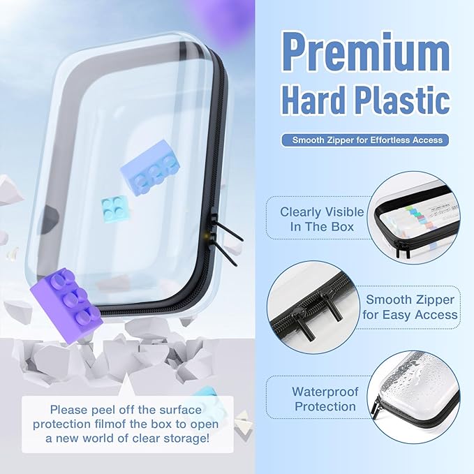 2 Pcs Clear Hard Shell Zipper Case, BIiss Plastic Bins for Organizing, Clear Zipper Pouches Makeup Case & Lidded Storage Bins for Cosmetics, Puzzles, 7 x 4.3 x 2.4 Inch
