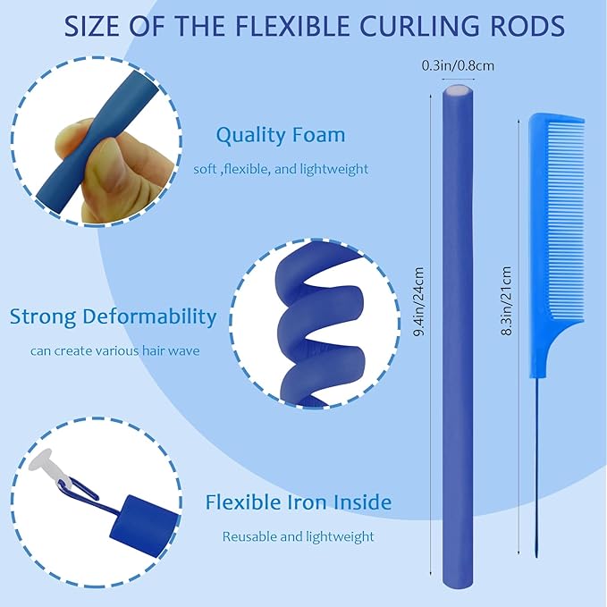 BIEAEIA 60 Pieces Flexible Curling Rods 9.45 x 0.31 inches, Soft Foam No Heat Hair Rollers for Long Hair Short Hair Women Girls, Hair Curlers Set with Steel Pintail Rat Tail Comb, Dark Blue