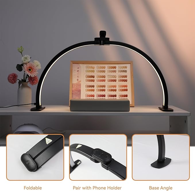 Foldable Large Half Moon LED Light for Table Nail Desk with Phone Stand, Upgrade Arch Light for Nail Techs with Wire Controller for Manicure Tattoo Beauty (Black, Large)