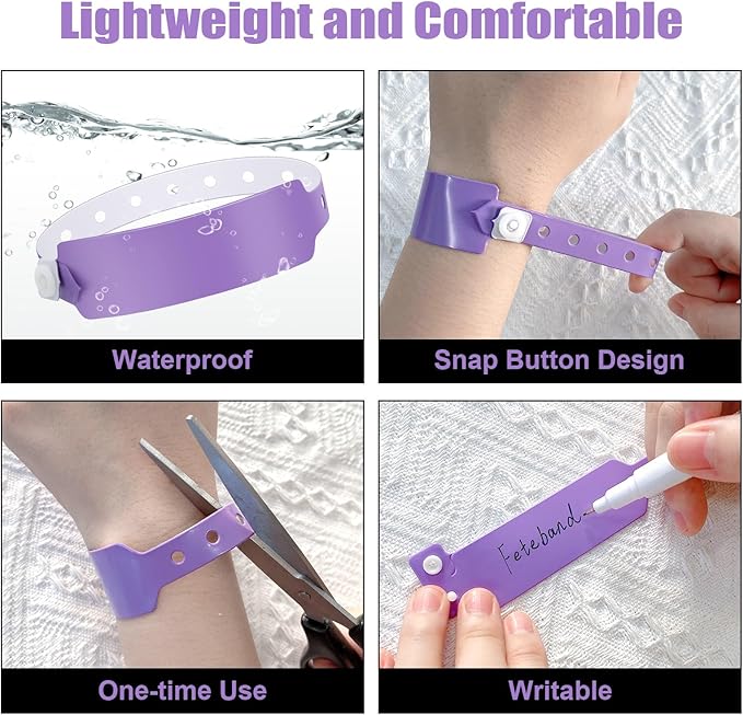 100pcs Colored Vinyl Wristbands, Waterproof & Security Wristbands for Events, Pool Parties & Outdoor Sports (Purple)