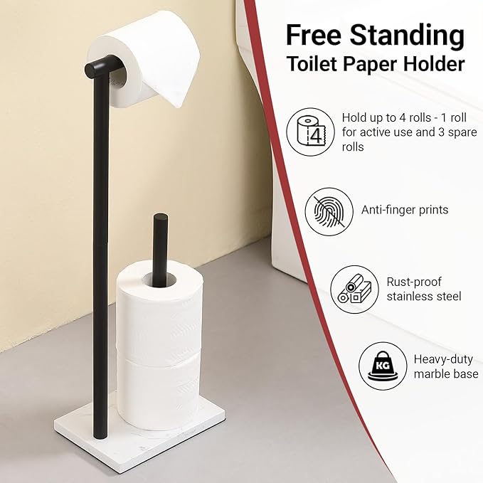 Hoooh Free Standing Toilet Paper Holder Stand with Reserve - Heavyweight Marble Base & Matte Black Stainless Steel Bathroom Tissue Roll Holder