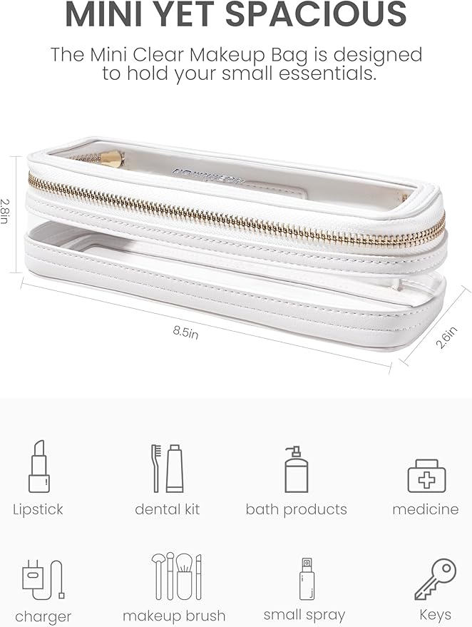 ROWNYEON Small Waterproof Toiletry Organizer Train Case, CLear Travel Makeup Bag for Women，Transparent Cosmetic Bag，Portable Makeup Case Organizer (White)