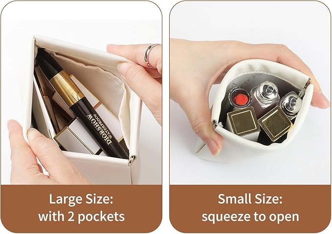 2 Pack Small Makeup Bag for Women, New Organosilicon Super Fiber Leather Mini Cosmetic Bag for Travel, Coin Purse Organizer Storage Pouch (Cream-Printed with Phrase)