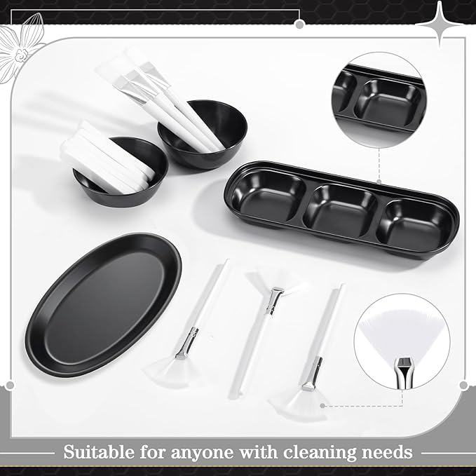 LemonRoad 25 Pcs Esthetician Facial Supplies Set, 3 Stainless Steel Mixing Bowls, 2 Serving Trays, 6 Brushes, 2 Hairbands, 12 Compressed Sponges for Women Facial Mask Spa Home Use(Black)