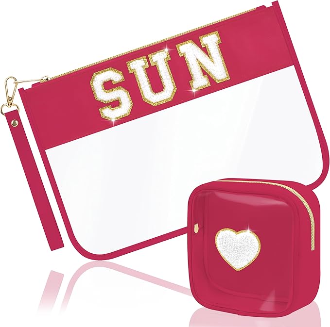 Preppy Patch Sun Cosmetic Bag Summer Sunscreen Toiletry Bag Portable PVC & Nylon Waterproof Makeup Bag Daily Use Storage Purse Travel Swimming Beach Bag for Women Girls
