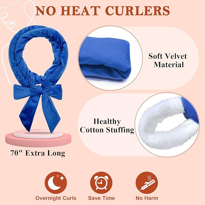 weiwei No Heat Curlers, Overnight Curls No Heat Curling Headband Soft Hair Curler Rollers to Sleep In, 70 Inches Non Heat Hair Wrap Curling Rod Ribbon for Women Long Wave Hair, 9 PCS Gift Set (Blue)