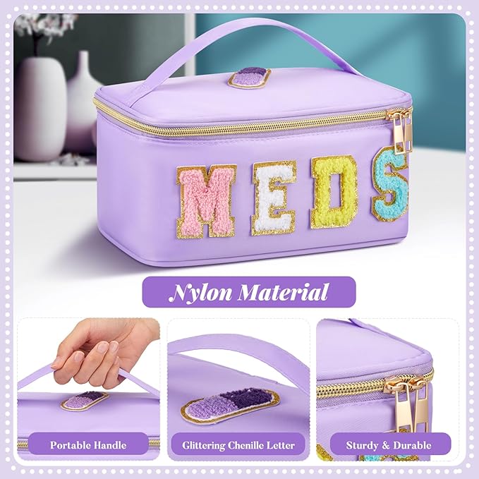 Geetery Clear Makeup Bag Chenille Letter Meds Bag Travel Cases Preppy Patch with Zipper, Portable Cosmetic Toiletry Storage case for Women(Meds,Purple)