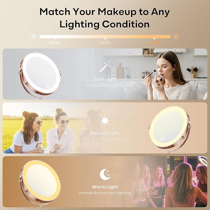 20X Makeup Mirror with Lights, 9" Magnifying Mirror with Light Brightness Adjustable Lighted Makeup Mirror with Magnification, 5000 mAh Rechargeable Double Sided Mirror with 3 Colors, Gift for Women