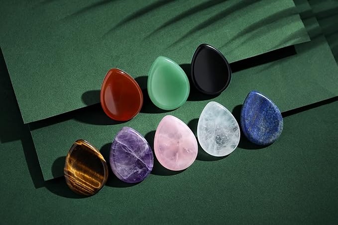 2PCS Thumb Worry Stone Rose Quartz Amethyst Healing Crystals Sets Hand Carved Stones Gemstone Pocket Natural Stone Meditation Reiki Water Drop Shaped Palm Stone for Anxiety Therapy