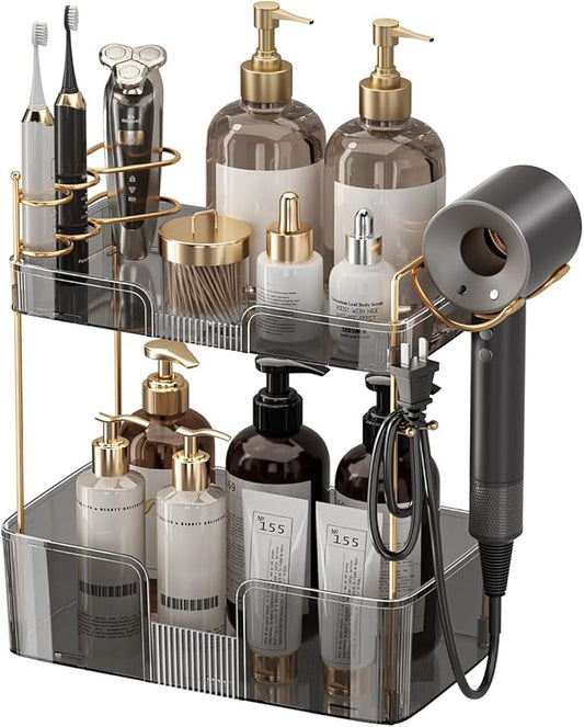 YCIA&DONE Bathroom Counter Organizer, Large Makeup Organizer Countertop, Shelf Storage, Vanity Tray, Easily Assemble for Bathroom Organizers and Storage, Undersink, Cabinet, 2 Tiers Grey