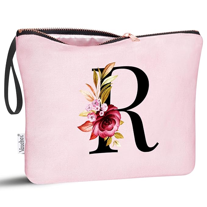 Vavabox A-Z Personalized Makeup Bag, Birthday Gifts for Women Mom, Gifts for Best Friend, Bride Bridesmaid Cosmetic bag (R, Pink)