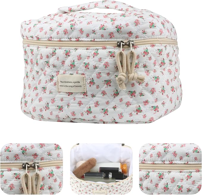 VIWIME Makeup Cosmetic Bag, Large Cotton Quilted Travel Coquette Aesthetic Cute Floral Make up Bag for Women Toiletry Bag Organizer (202- Red Rose / 4Pcs)