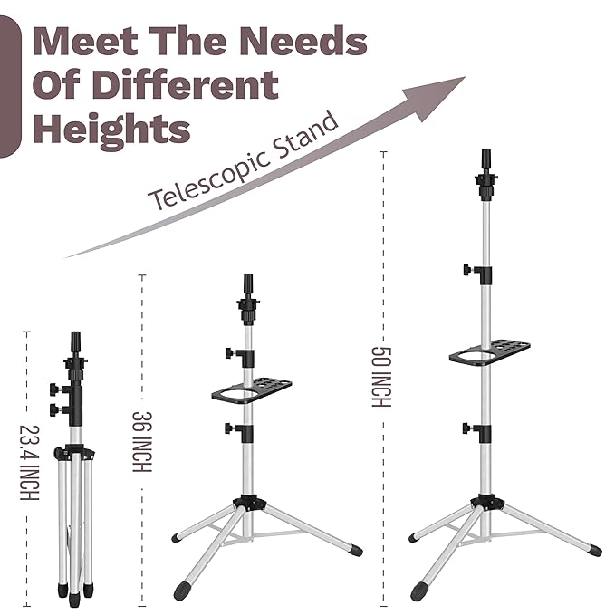 Wig Stand Tripod 50 Inch Metal Wig Mannequin Head Tripod Stand For Hairdressing Training Head Adjustable Wig Tripod Stand with Tool Tray (Silvery, Mannequin Head Not Included)