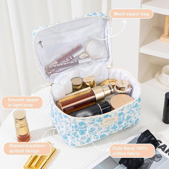 Makeup Bag for Women 3PCS Quilted Cotton Make Up Bag Travel Cosmetic Bag Large Makeup Bag Set Cute Bag Organizer Floral Toiletry Pouch for Purse, Azure Blue