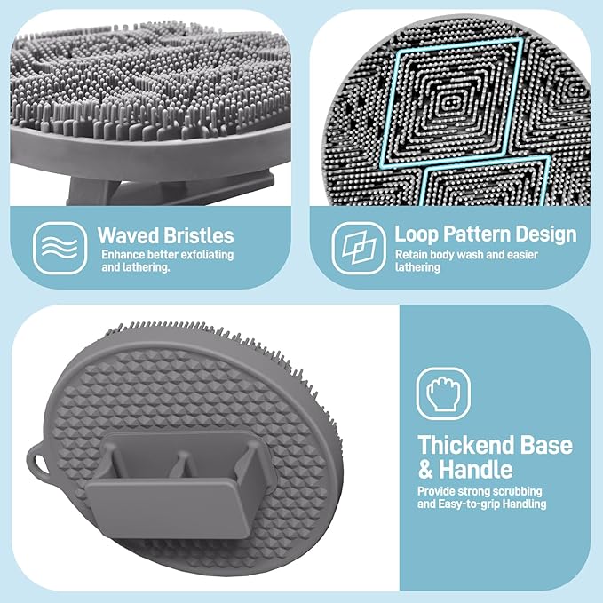 Silicone Body Scrubber 2PCS, Exfoliating Body Scrubber Shower Scrubber with Dense Bristles and Comfort Handle, Silicone Loofah Body Buffer for Good-Lathering & Deep-Cleansing(Black+Gray)