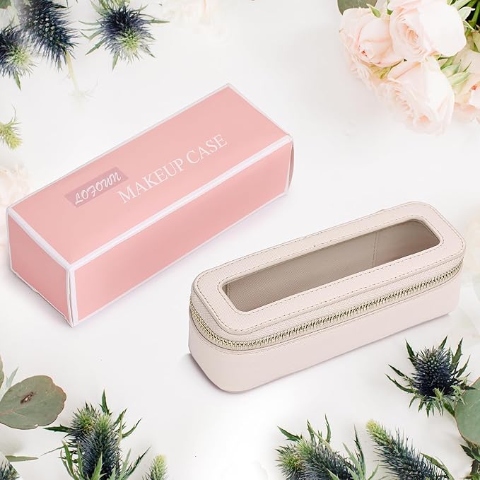 Makeup Brush Case Slim Clear Makeup Bag Travel Cosmetic Case and Waterproof Toiletry Makeup Bag with Zipper Purse Organizer for Women (Beige, Slim)