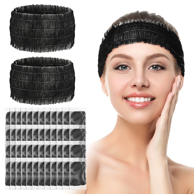 Waydress 100 Pieces Disposable Headbands Soft Non Woven Facial Spa Headbands Cloth Stretch Skin Care Hair Band Salon Makeup Sauna Supplies Individually Packaged for Women Girls, Black