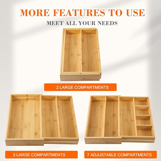 1 Pcs Bamboo Desk Drawer Organizer Wood 2 Inch Height Expandable Drawer Organizer Trays with 7 Adjustable Compartments Desk Accessories for Makeup Silverware Office Bathroom(Wood, Stylish)