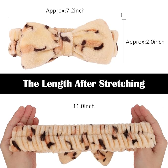 Casoty 8 Pack Leopard Spa Headbands - Soft Fleece Hair Bands for Face Washing, Makeup, Yoga & Skincare - Elastic Bow Design for Women & Girls