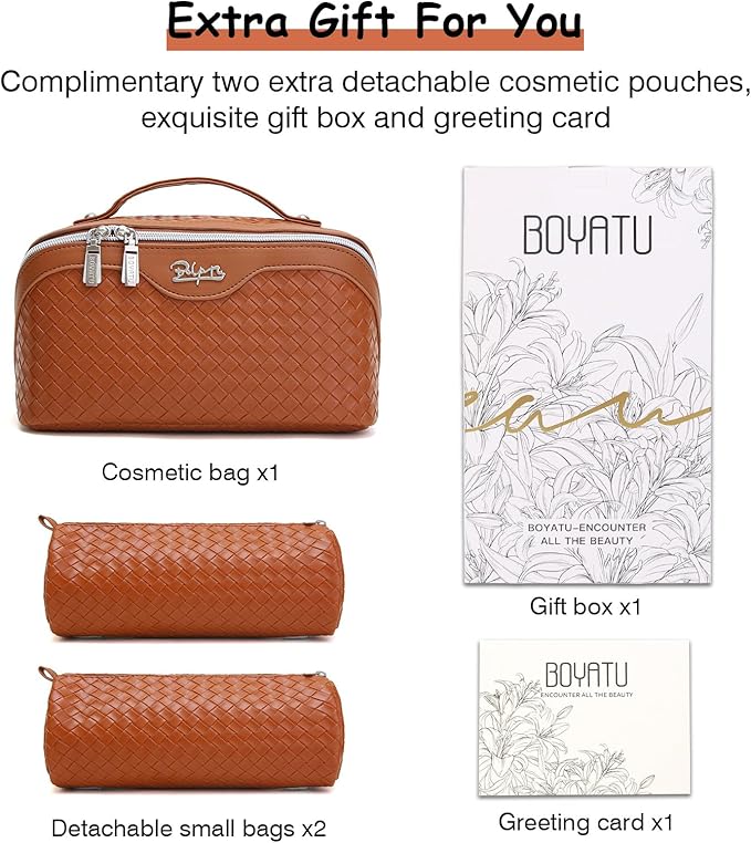 BOYATU Travel Makeup Bag Cosmetic Bags for Women: Large Capacity 3 Pcs Set Make up Bag with Compartments - Waterproof Vegan Leather Toiletry Organizer Bags with Handle (L08 Brown)
