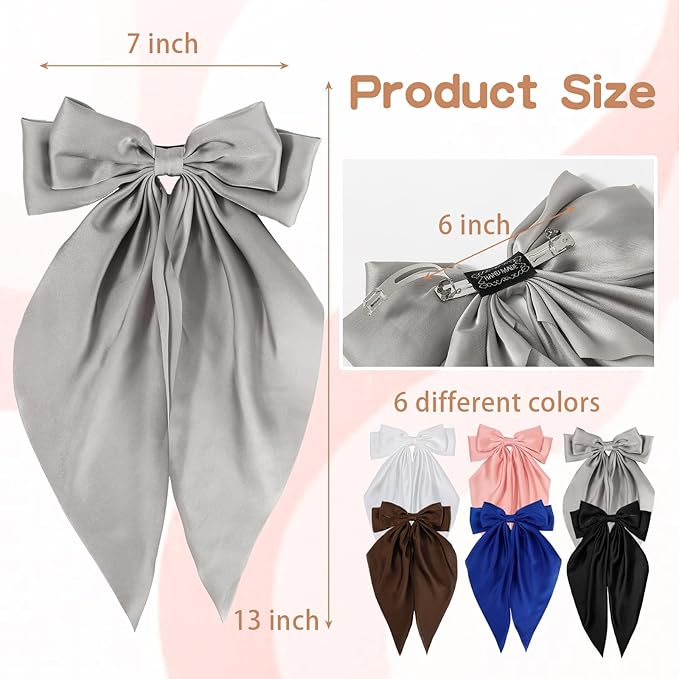 6 PCS Hair Bows for Women, Big Bow Hair Clips for Girls, Silky Satin Hair Bows Clips Oversized Long Tail, Large Cute Aesthetic Hair Accessories, Metal Bow Hair Clips Holiday Gifts Blue