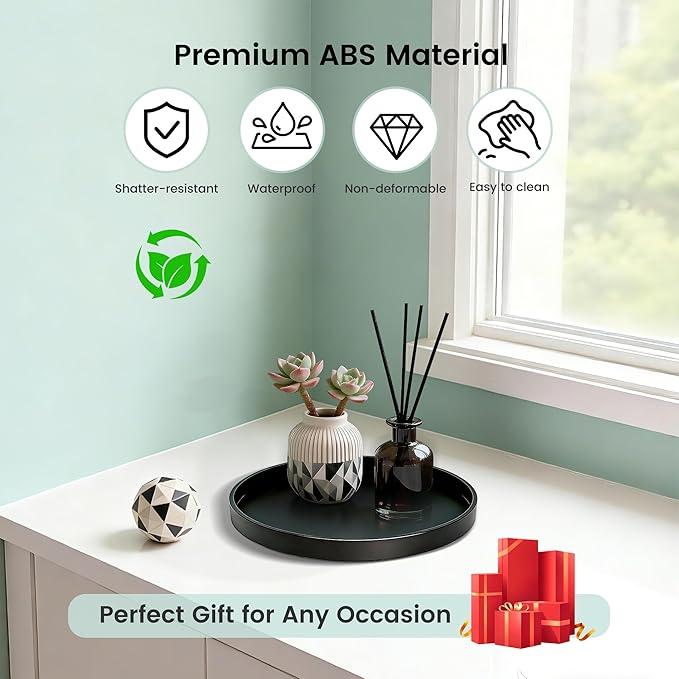 2 Pack 8" Bathroom and Vanity Tray, ABS Bathroom Counter Organizer， Coffee Table Decor for Perfume, Candles, Keys &More. Kitchen Countertop Organizer, Decorative Tray Soap Holder, Black