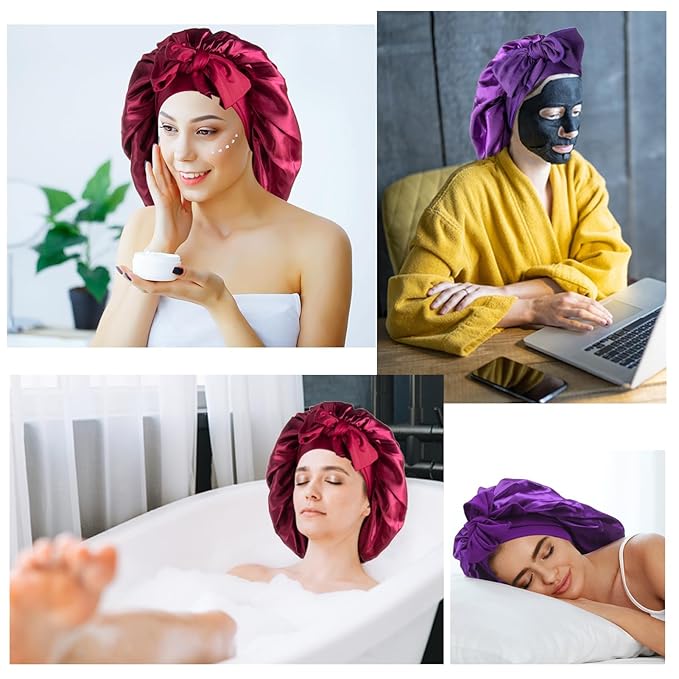 Arqumi Pack of 2 Satin Sleeping Bonnet, Large Sleep Cap with Long Strap, Reduce-Friction Prevent-Frizz Curly Hair, Adjustable Hair Bonnet for Women & Men, Purple+Red
